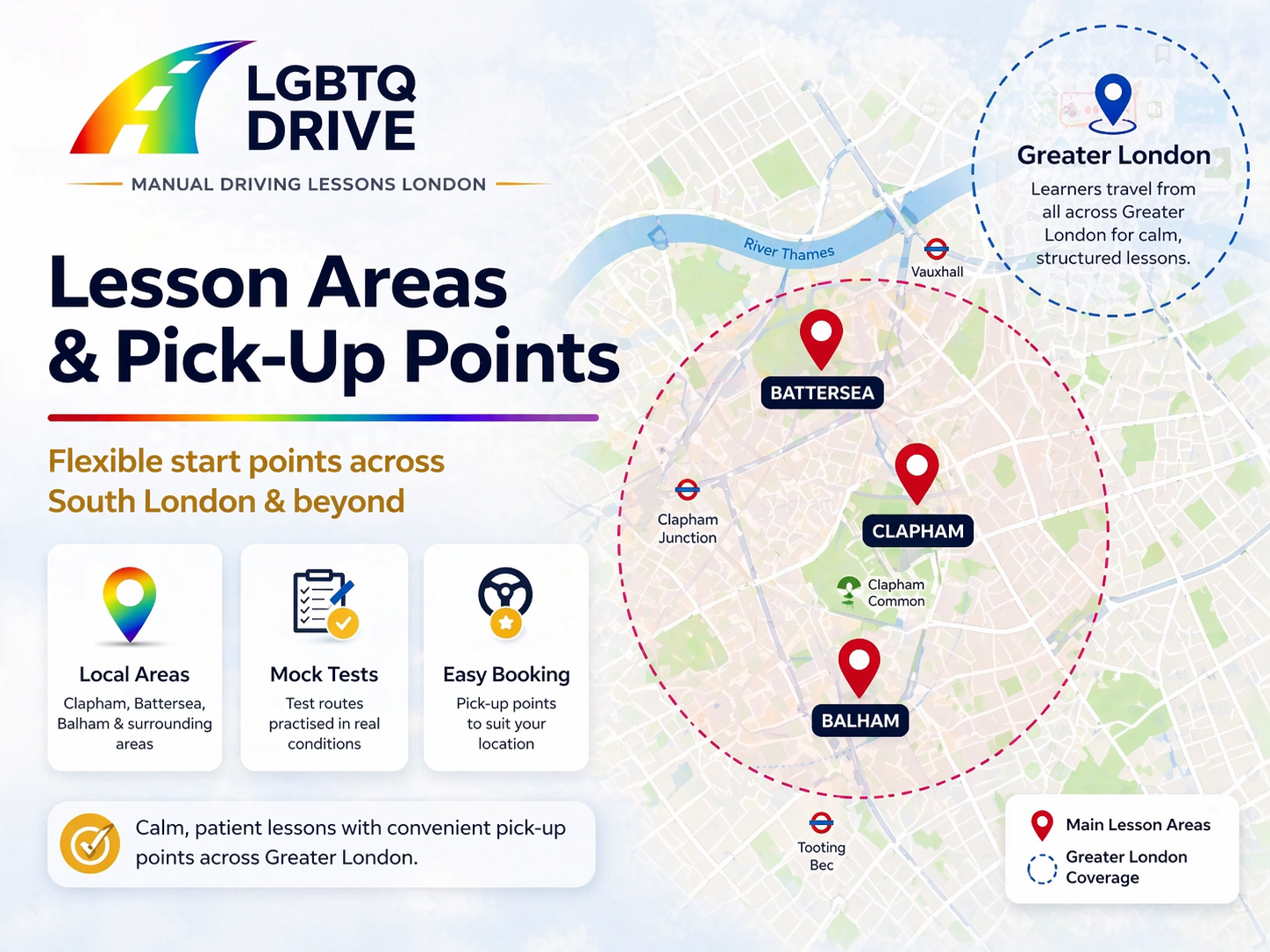 Lesson areas pick-up points London including Clapham Battersea and Balham driving lessons