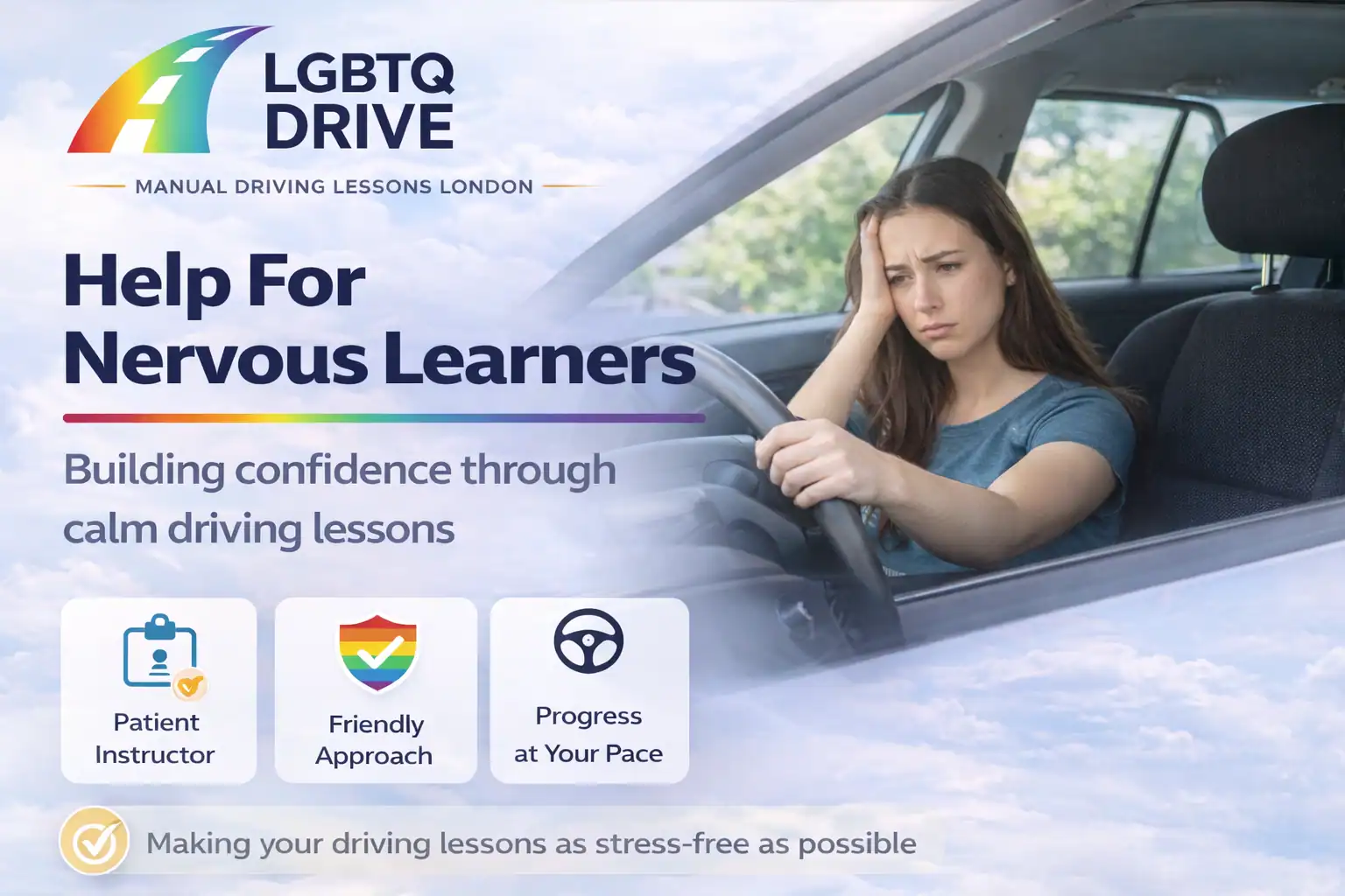 Nervous driving lessons London calm patient instructor helping anxious learner