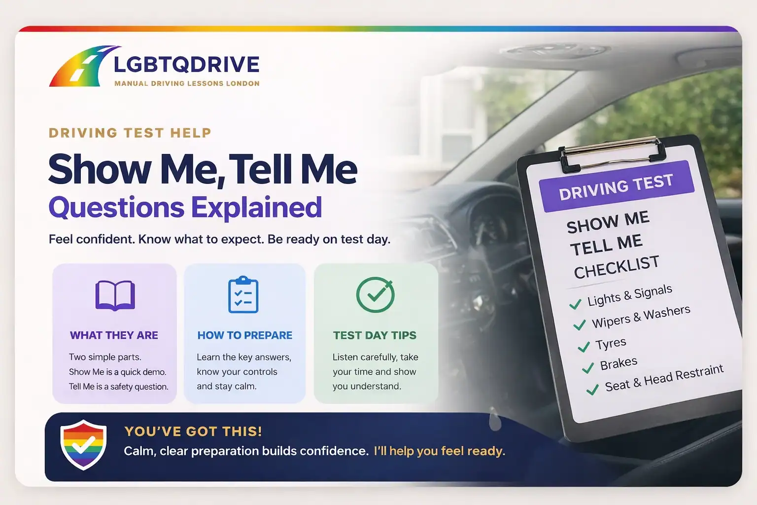 Show tell questions London driving test explained with checklist